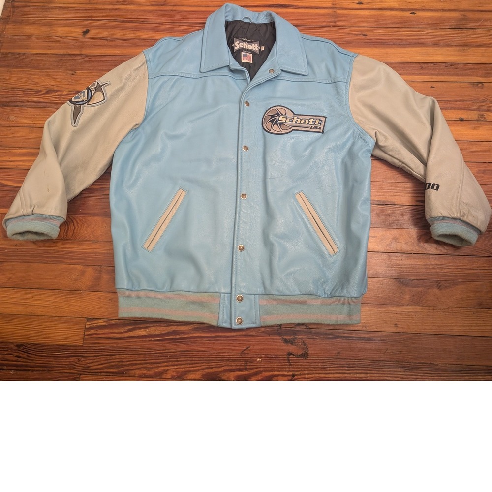 VTG Schott NYC Leather Varsity Jacket XXL Light Blue Patch Bomber Made in USA